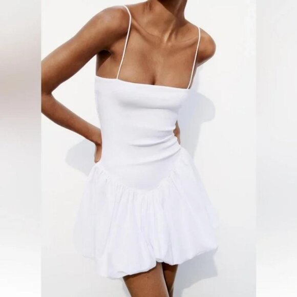 ZARA MIXED RIB POPLIN BALLOON DRESS - Picture 2 of 8